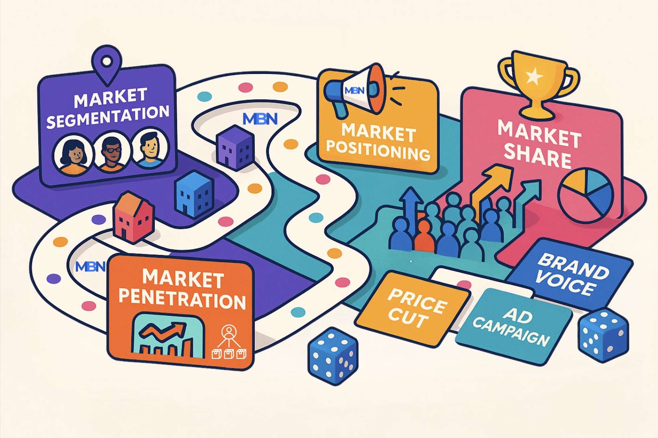 A colorful, modern board game designed like a market strategy business map.